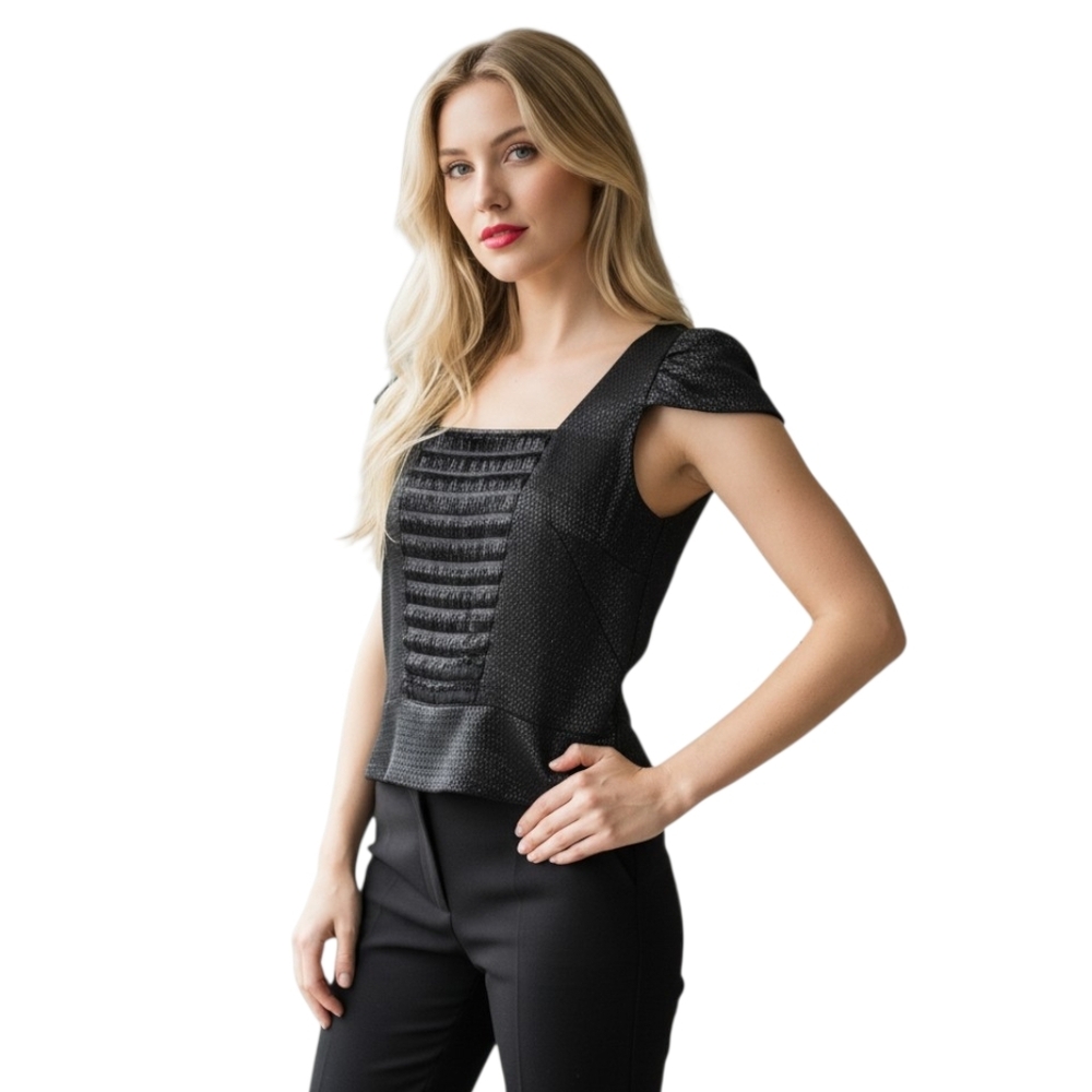 Leon Max Limited Edition Black Silk Fringe Cap Sleeve Top